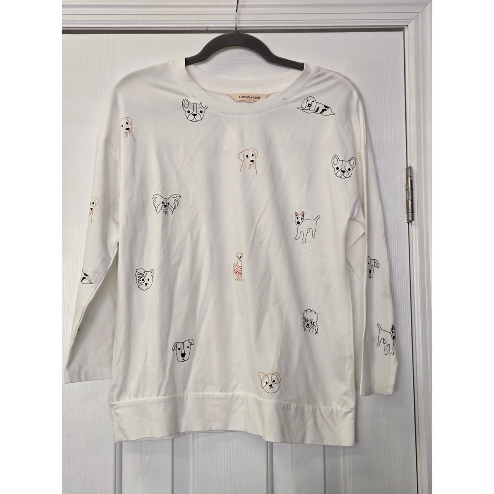 Mesh+Love Womens White Embroidered Dog Motif Crewneck Long Sleeve Top‎ Size S